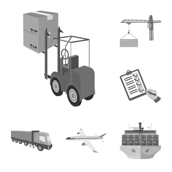 Logistiek en levering zwart-wit pictogrammen in set collectie voor design. Vervoermiddelen en materieel isometrische symbool voorraad web vectorillustratie. — Stockvector