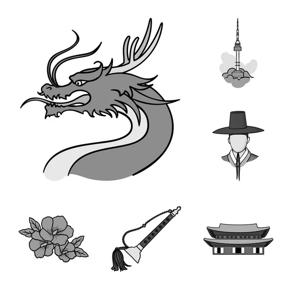 Země Jižní Korea monochromatické ikony v kolekce sady pro design. Cestování a přitažlivost symbolu akcií webové vektorové ilustrace. — Stockový vektor