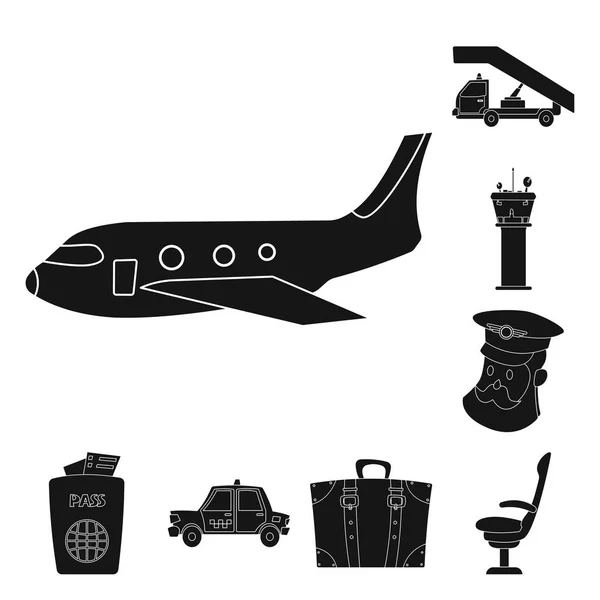 空港と飛行機のシンボルの孤立したオブジェクト。Web の空港や飛行機の銘柄記号のセット. — ストックベクタ