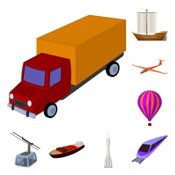 Diferentes tipos de iconos de dibujos animados de transporte en la colección de conjuntos para el diseño. Coche y barco vector símbolo stock web ilustración . — Vector de stock