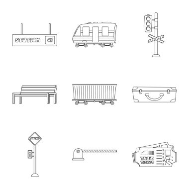 Tren ve İstasyonu simge vektör Illustration. Web için tren ve bilet hisse senedi simgesi kümesi.