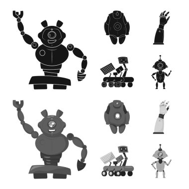 Robot ve fabrika işareti vektör tasarımı. Web için robot ve uzay hisse senedi simgesi kümesi.