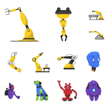 Robot ve fabrika logo vektör Illustration. Hisse senedi için robot ve uzay vektör simge kümesi.