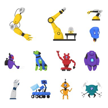 Robot ve fabrika simge vektör tasarımı. Web için robot ve uzay hisse senedi simgesi kümesi.