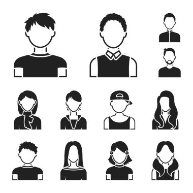 Set koleksiyonu tasarım için simgeler siyah avatar ve yüz. Bir kişi s görünüm vektör simge stok web çizim.