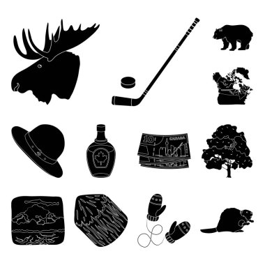 Set koleksiyonu tasarım için ülke Kanada siyah simgeler. Kanada ve dönüm noktası sembol stok web illüstrasyon vektör.