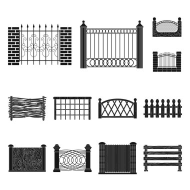 Set koleksiyonu tasarım için farklı çit siyah simgeler. Dekoratif eskrim sembol stok web illüstrasyon vektör.