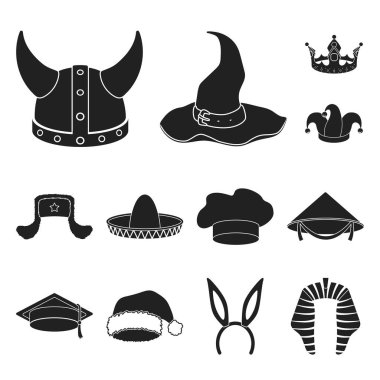 Şapka çeşitleri set koleksiyonu tasarım için simgeler siyah. Headdress vektör simge stok web çizimi.
