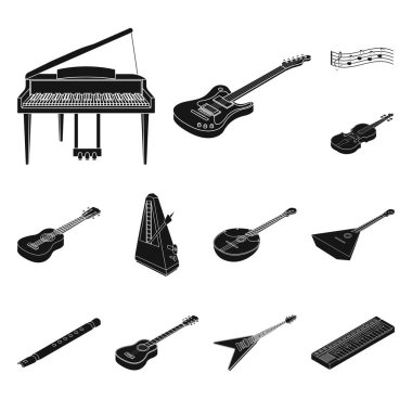 Set koleksiyonu tasarım için müzik aleti siyah simgeler. Resimde web dize ve Nefesli/Üflemeli Saz izometrik vektör simge stok.