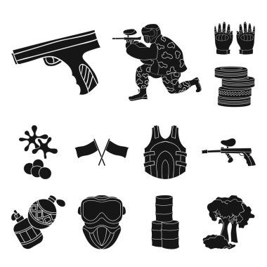 Paintball takım set koleksiyonu tasarım için oyun siyah simgeler. Ekipman ve kıyafet sembol stok web illüstrasyon vektör.