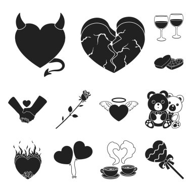 Set koleksiyonu tasarım için romantik ilişki siyah simgeler. Sevgi ve dostluk sembolü hisse senedi web illüstrasyon vektör.