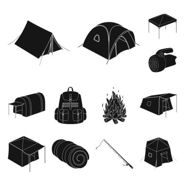 Çadır çeşitleri set koleksiyonu tasarım için simgeler siyah. Resimde web geçici barınak ve vektör simge stok konut.