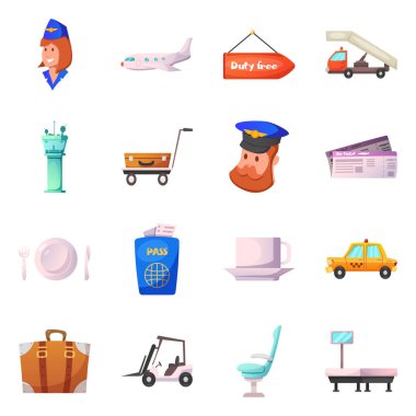 Havaalanı ve uçak simge vektör tasarımı. Hisse senedi için Havaalanı ve uçak vektör simge topluluğu.