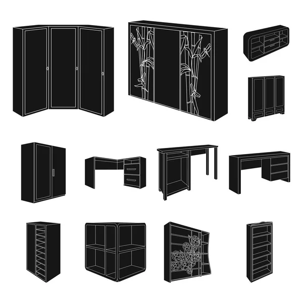 卧室家具黑色的图标集为设计集。现代木家具等距矢量符号股票 web 插图. — 图库矢量图片