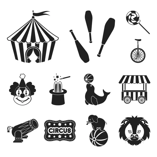 Cirque et attributs icônes noires dans la collection ensemble pour le design. Cirque Art vectoriel symbole stock web illustration . — Image vectorielle