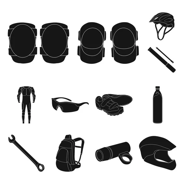 Traje de bicicleta iconos negros en la colección de conjuntos para el diseño. Bicicleta y herramienta vector símbolo stock web ilustración . — Archivo Imágenes Vectoriales