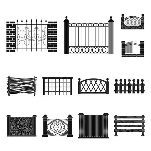 Diferentes iconos de valla negro en la colección de conjuntos para el diseño. esgrima decorativa vector símbolo stock web ilustración . — Archivo Imágenes Vectoriales