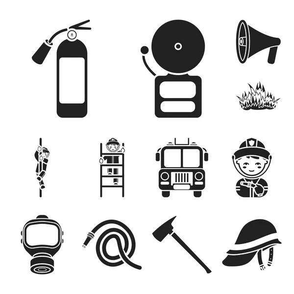 Brandweer zwarte pictogrammen in set collectie voor design. Brandweerlieden en apparatuur vector symbool voorraad web illustratie. — Stockvector