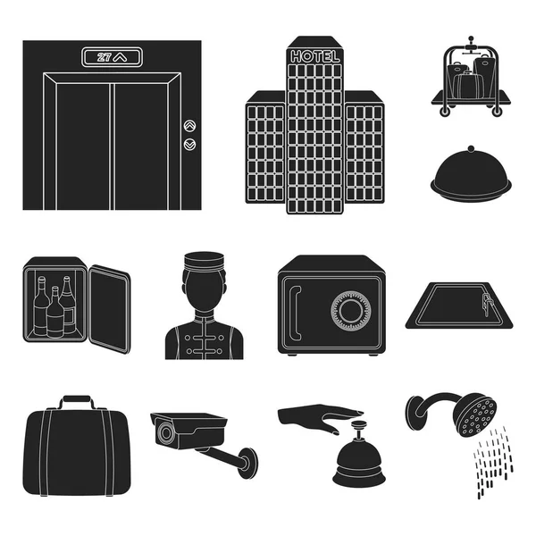 Iconos negros del hotel y del equipo en colección del sistema para el diseño. Hotel y confort vector símbolo stock web ilustración . — Vector de stock