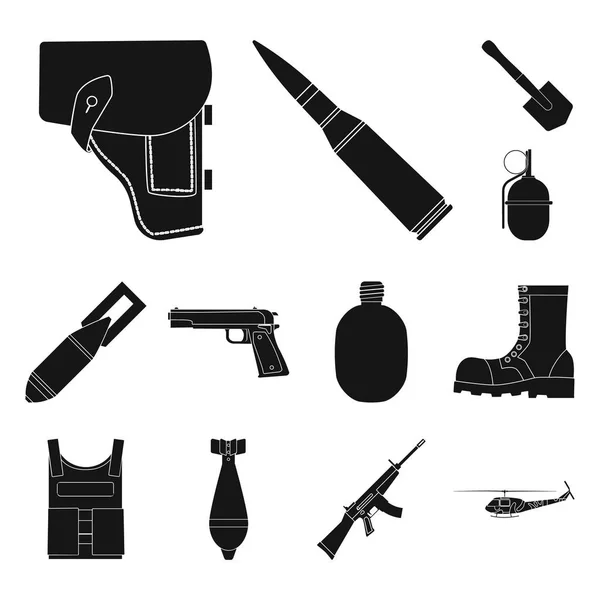 Exército e armamentos ícones pretos na coleção de conjuntos para design. Ilustração da web de estoque de símbolos vetoriais de armas e equipamentos . — Vetor de Stock