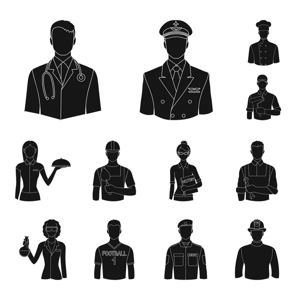 Set koleksiyonu tasarım için simgeler siyah insanlar farklı meslekler. İşçi ve uzman sembol stok web illüstrasyon vektör. — Stok Vektör