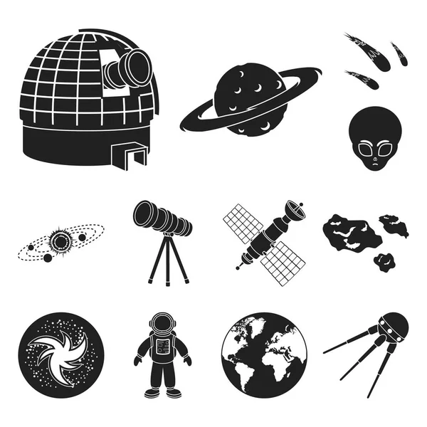Iconos negros de la tecnología espacial en la colección del sistema para el diseño.Ilustración de la tela de la tela del símbolo del vector de la nave espacial y del equipo . — Archivo Imágenes Vectoriales