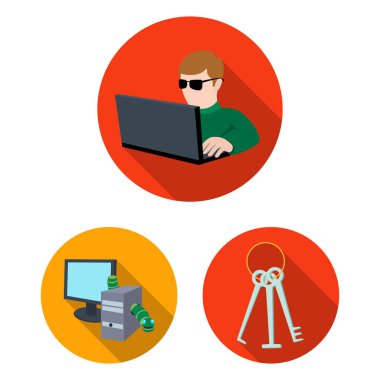 Hacker ve kesmek düz simgeler set koleksiyonu tasarım için. Sembol stok web illüstrasyon vektör hacker ve ekipman.