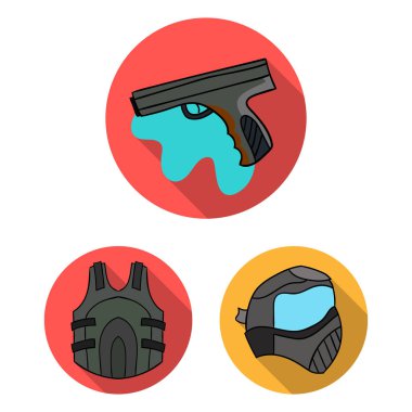 Paintball takım set koleksiyonu tasarım için oyun düz simgeler. Ekipman ve kıyafet sembol stok web illüstrasyon vektör.