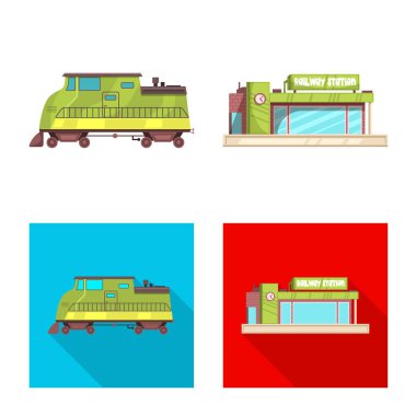 Tren ve istasyon logo yalıtılmış nesne. Hisse senedi için tren ve bilet vektör simge topluluğu.