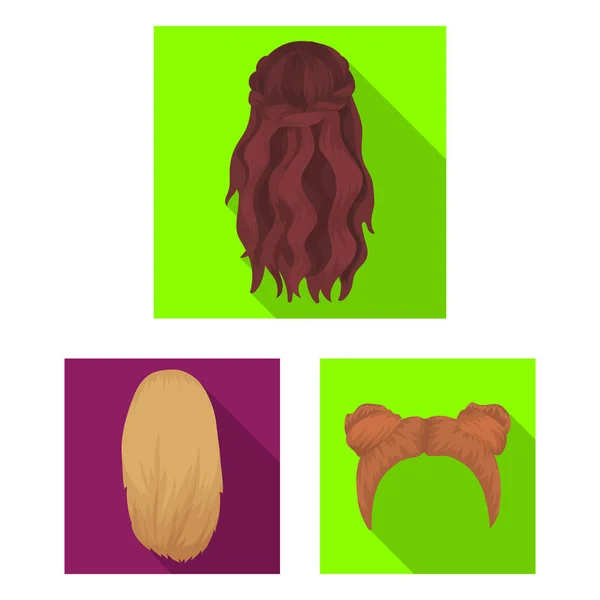 Cabeleireiro feminino ícones planos na coleção de conjuntos para design. Elegante corte de cabelo vetor símbolo web ilustração . —  Vetores de Stock