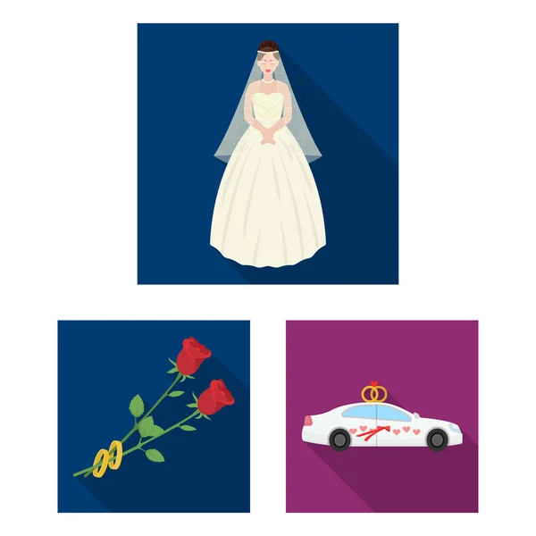 Bröllop och attribut platt ikoner i set samling för design. Nygifta och tillbehör vektor symbol lager web illustration. — Stock vektor