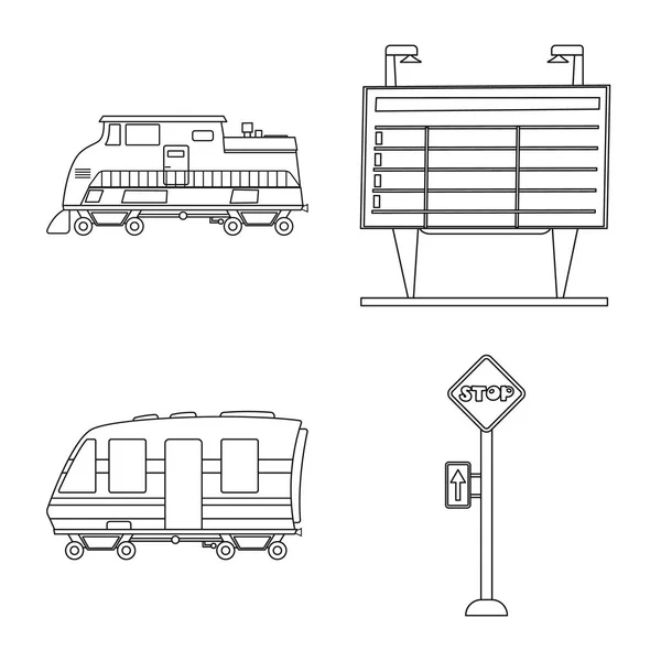 Векторная иллюстрация значка поезда и вокзала. Коллекция векторной иллюстрации железнодорожного транспорта и билетов . — стоковый вектор