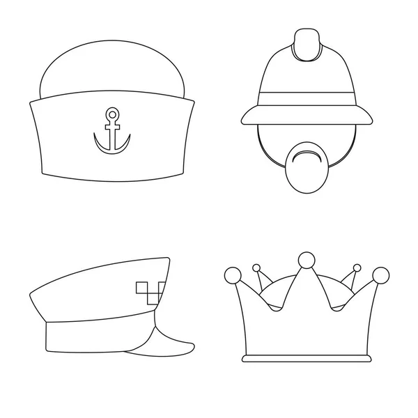 Vektorové ilustrace pokrývky hlavy a čepici a znamení. Kolekce z pokrývky hlavy a příslušenství burzovní symbol pro web. — Stockový vektor