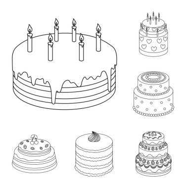 Set koleksiyonu tasarım için pasta ve tatlı anahat simgeleri. Tatil kek vektör simge stok web çizim.