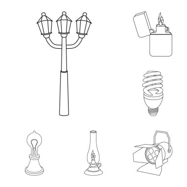 Set koleksiyonu tasarım için ışık kaynağı anahat simgeleri. Işık ve ekipman sembol stok web illüstrasyon vektör.