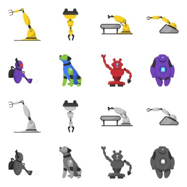 Robot ve fabrika logo vektör Illustration. Hisse senedi için robot ve uzay vektör simge topluluğu.