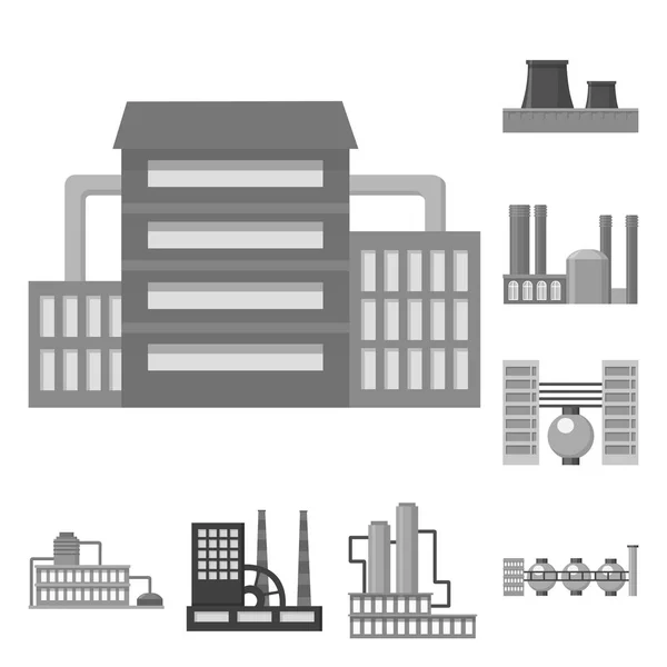Továrny a zařízení monochromatické ikony v nastavení kolekce pro design. Továrny a zařízení symbol akcií webové vektorové ilustrace. — Stockový vektor