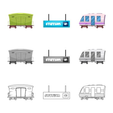 Tren ve İstasyonu simgesi yalıtılmış nesne. Hisse senedi için tren ve bilet vektör simge topluluğu.