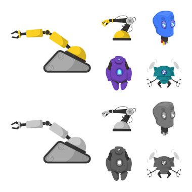 Robot ve fabrika simge vektör tasarımı. Web için robot ve uzay hisse senedi simgesi kümesi.