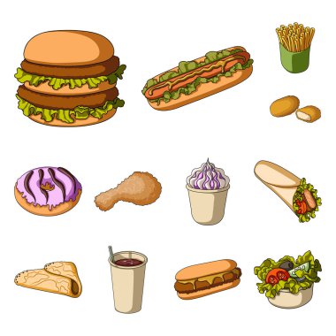 Fast food çizgi film set koleksiyonu tasarım için simgeler. Yarı bitmiş ürünler gıdalardan sembol stok web illüstrasyon vektör.