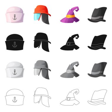 Şapkalar ve kap işareti yalıtılmış nesne. Şapkalar ve hisse senedi için aksesuar vektör ikon koleksiyonu.