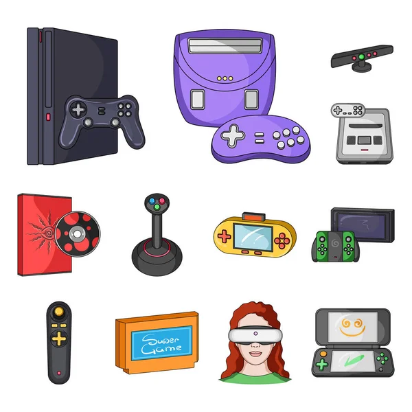 Consola de juegos e iconos de dibujos animados de realidad virtual en la colección de conjuntos para el diseño.Game Gadgets vector símbolo stock web illustration . — Archivo Imágenes Vectoriales