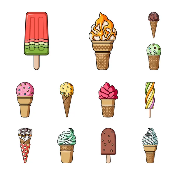 Ícones de desenhos animados de sorvete diferentes na coleção de conjuntos para design. Sobremesa e doçura símbolo vetorial ilustração web . —  Vetores de Stock