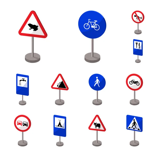 Diferentes tipos de sinais de estrada ícones dos desenhos animados na coleção de conjuntos para design. Sinais de advertência e proibição Símbolos vetoriais ilustração web . —  Vetores de Stock