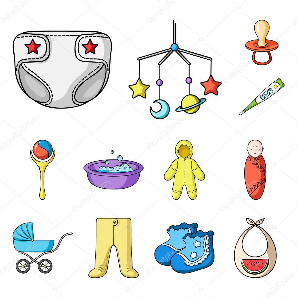 Birth of a baby cartoon icons in set collection for design. Newborn and accessories vector symbol stock  illustration.