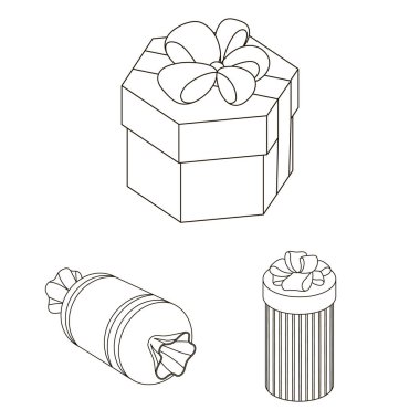 Hediye ve set koleksiyonu tasarım için anahat simgelerini ambalaj. Renkli ambalaj sembol stok web illüstrasyon vektör.