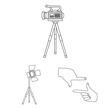 Bir film anahat simgeleri set koleksiyonu tasarım için yapma. Öznitelikleri ve ekipman sembol stok web illüstrasyon vektör.