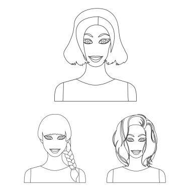 Kadın saç modelleri türleri set koleksiyonu tasarım için simgeleri anahat. Bir kadın vektör simge stok web illüstrasyon görünümünü.