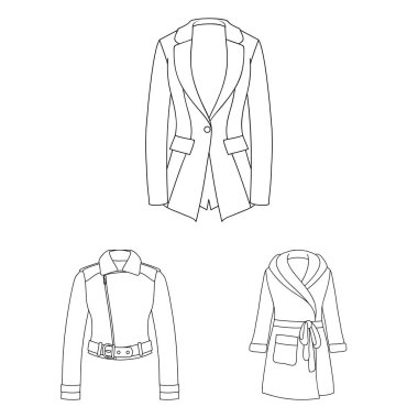 Kadınlar s Giyim anahat simgeleri set koleksiyonu tasarım için. Sembol stok web illüstrasyon vektör giyim çeşitleri ve aksesuarlar.