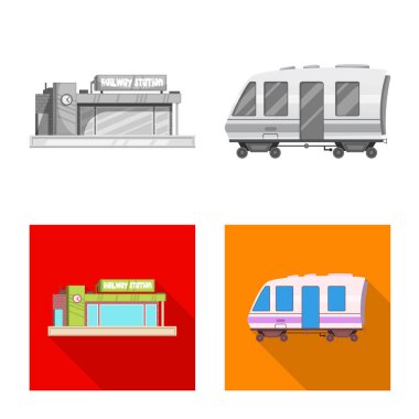 Tren ve istasyon logo yalıtılmış nesne. Web için tren ve bilet hisse senedi simgesi kümesi.